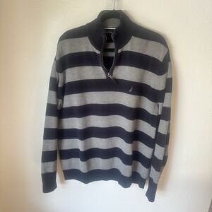 Nautica 1/4 Zip Striped Sweater‎ Sz  L Rugby 100%cotton Blue/Gray